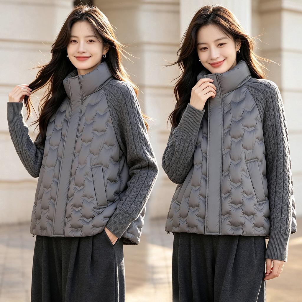 Loose stand-up collar knitted splicing cotton-padded clothes women's short light and warm fashion cotton-padded jacket jacket small cotton-pad