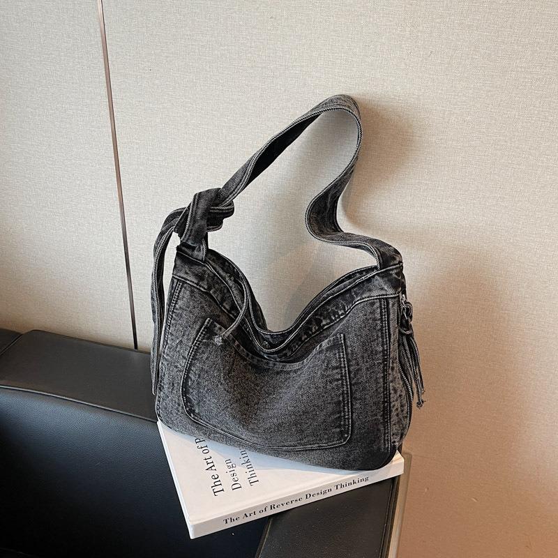 

Винтажная джинсовая сумка-тоут для женщин, большая вместимость, сумка для занятий для студенток, сумка-мессенджер на плечо для поездок на работу чёрный