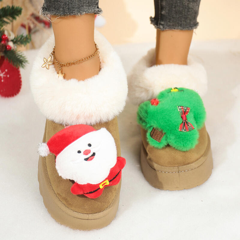 Fashion Cartoon Santa Claus Fluffy Fur Cute Snow Boots Women 2025 Winter Thick Bottom Furry Ankle Boots Girl's Christmas Plush Shoes
