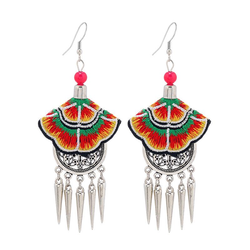 Yunnan embroidered fabric earrings long fringed personalized earrings Chinese retro Miao silver earrings women