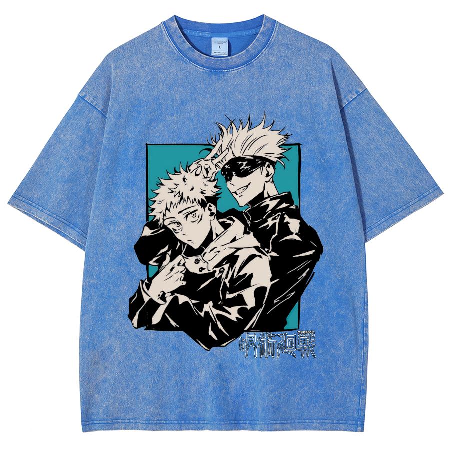 Anime Jujutsu Kaisen Satoru Gojo And Itadori Yuji Print T Shirt Men Women Y2k T-shirts Washed Cotton Tee Harajuku Male Tshirt