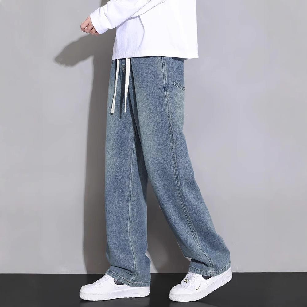 Hong Kong Style Retro Jeans Men Summer Loose Straight Wide-leg Pants Men Teen Handsome Casual Trousers
