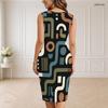 Women Plus Size V Neck Sleeveless Abstract Printed Bodycon Midi Dress