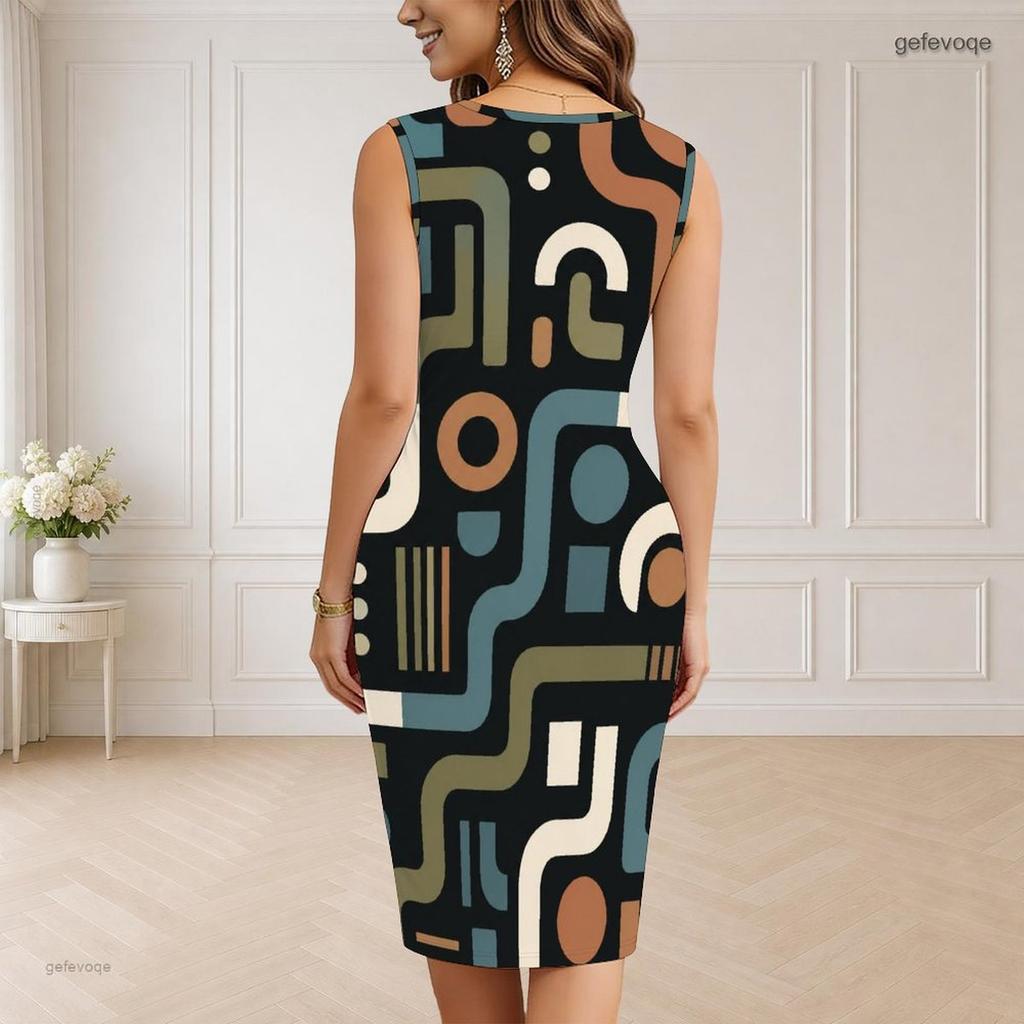 Women Plus Size V Neck Sleeveless Abstract Printed Bodycon Midi Dress