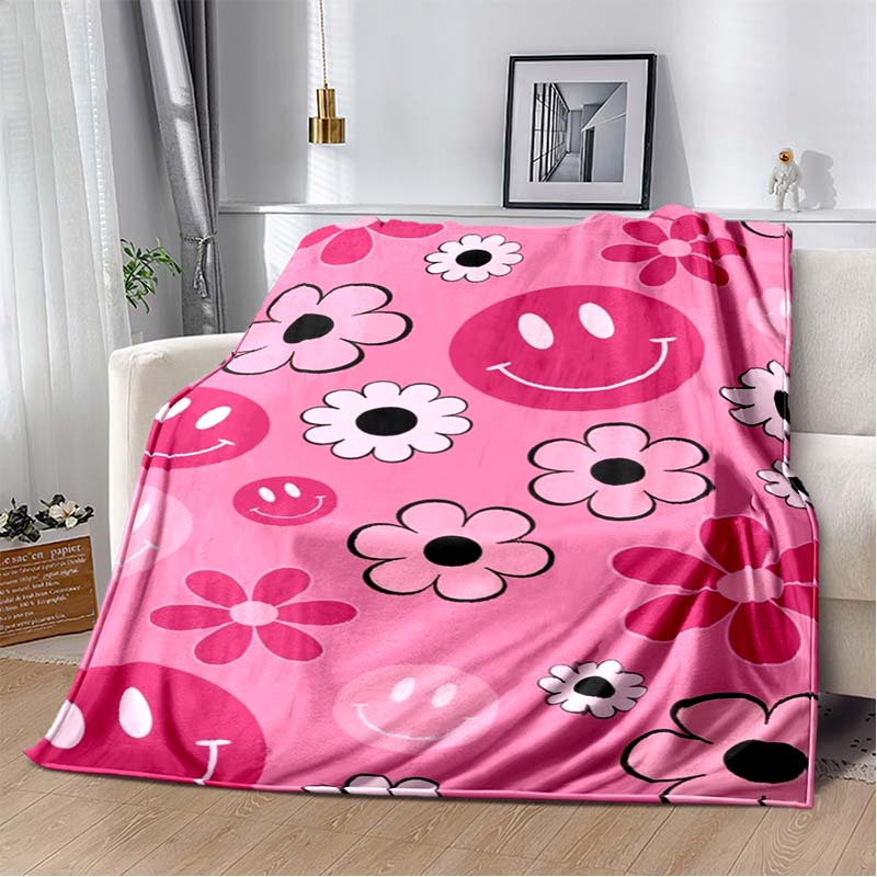 Pink Smile Face & Flower Print Flannel Blanket, Soft Cozy Warm Throw for Bed Sofa Couch, Lightweight All Season Plush Cover