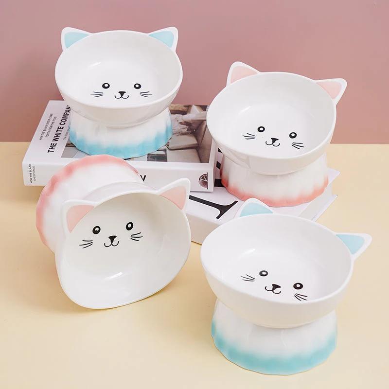 Cartoon Cute Ceramic Dog Cat Food Bowl, High Foot, Overturn Proof, Large Caliber, Neck Protection, Creative Pet Bowl, 1Pc