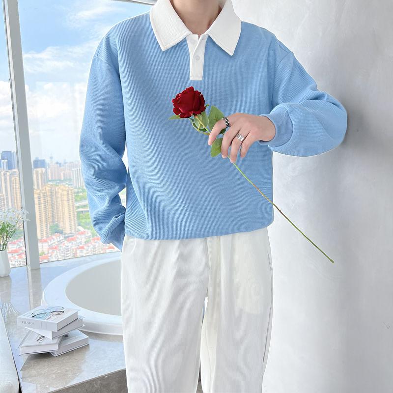Spring and Autumn Minimalist Fashion Color Blocking Polo Collar Waffle Long Sleeved Casual Loose Oversized Versatile Hoodie