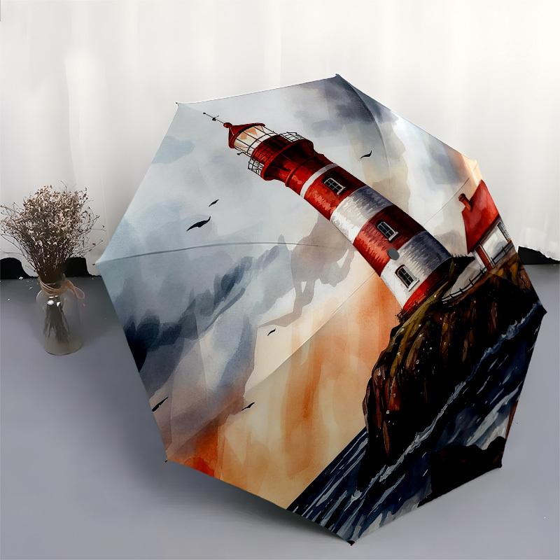 1pc Lighthouse Sea Automatic Folding Umbrella, Heavy Duty 8 Rib Iron Frame,  Suitable for Travel, Daily Use, Birthday, Decor Gift M0105115