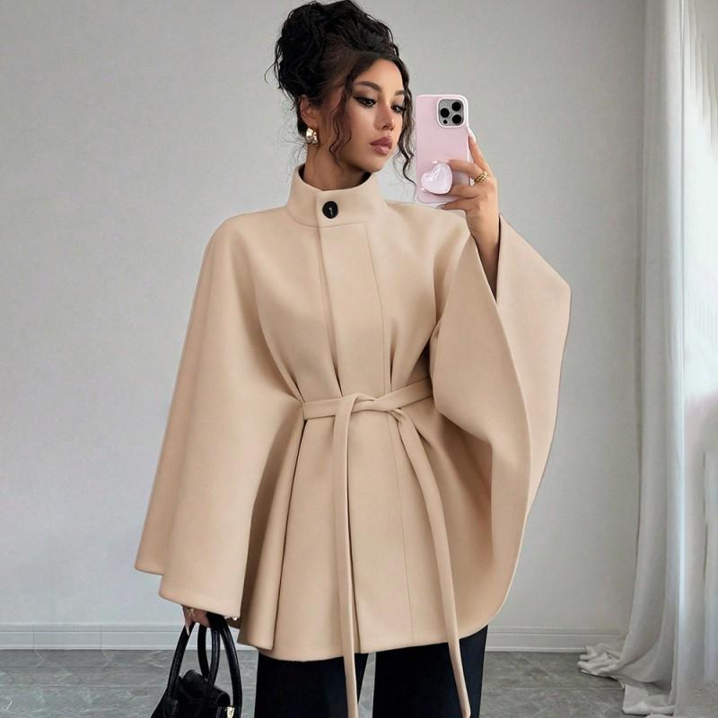 Manteau Cape Élégant pour Femme en Laine Mélangée à Col Montant Ceinture à Nouer Garniture en Fourrure de Lapin Vêtement d'Hiver