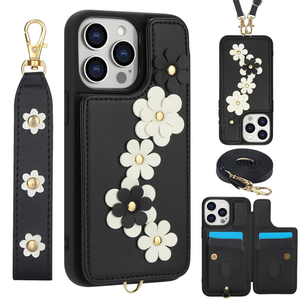 3IN1 Crossbody Rope Wrist Strap Flowers Leather Wallet Phone Case For iPhone 15 11 12 13 14 16 Pro Max X XR XS 7 8 Plus SE Cover