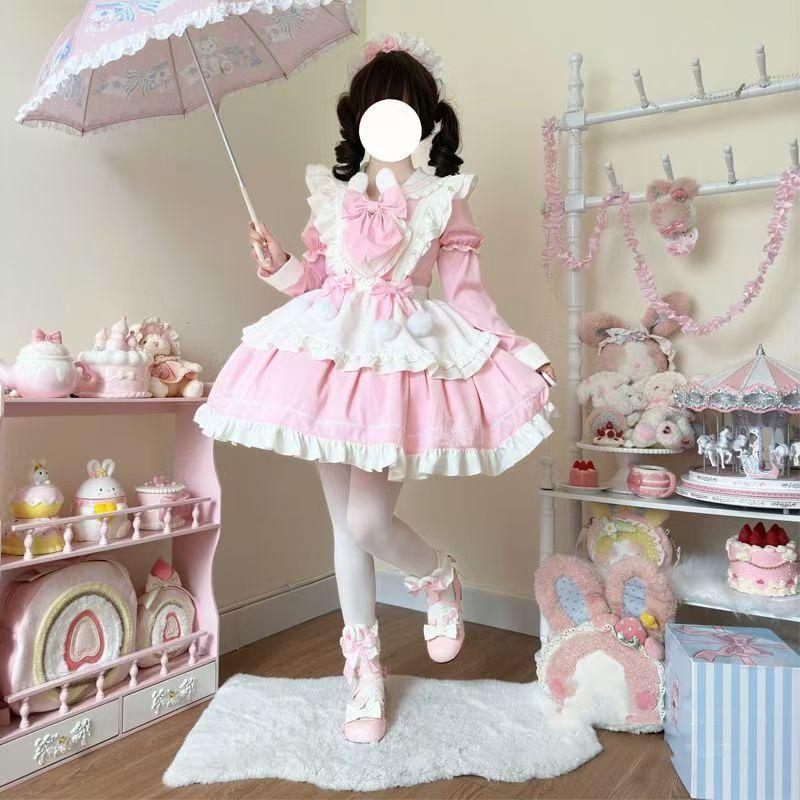 Lolita Pink Dress Women's Sweet Girl Big Bow Kawaii Short Party Dress Spring