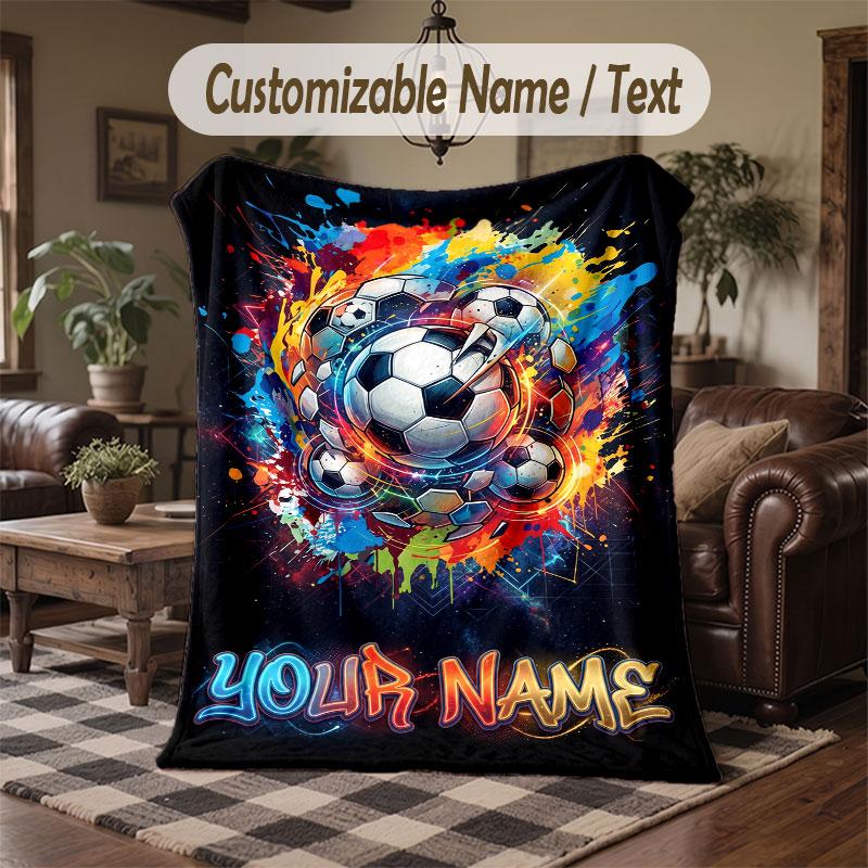 Soccer Theme Throw Blanket Custom Name Text Personalized Blanket Soft Cozy Blanket for Home Sofa Bed