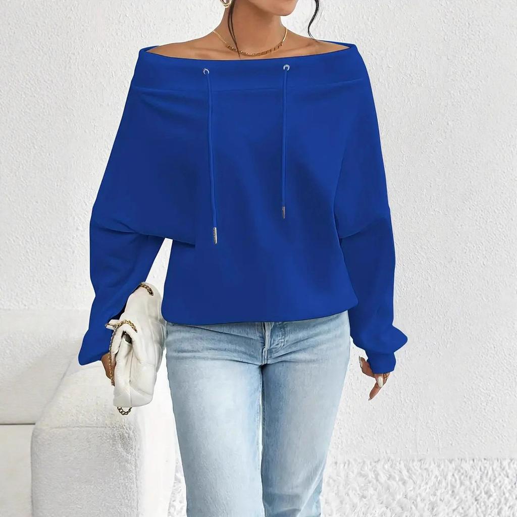Neues Damen Locker und Lässig Kordelzug Schulterfrei Einseitig schulterfrei Top