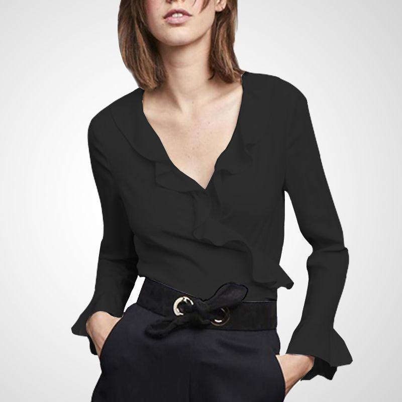 

Ladies Fashion White Long Sleeves Elegant Tops Chiffon Shirt Black S