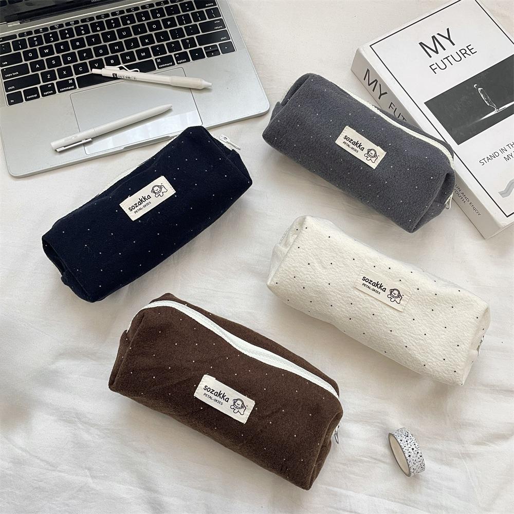 Woolen Korean-style Polka Dot Pen Case  Ins Stationery  Large Capacity  High Appearance Level Small Student Miscellaneous Storage Bag
