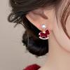 Korean red flocked pony pearl stud earrings temperament fashion versatile earrings earrings women