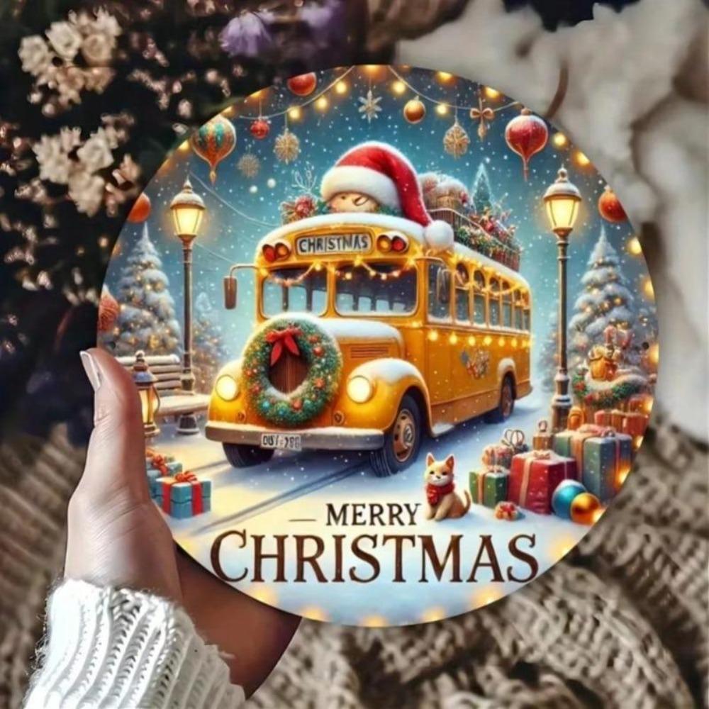 Vintage Snowy Christmas Bus Metal Wall Art Decor Plaque Sign