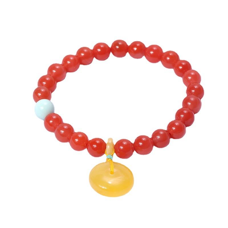 Natural Southern Red Agate Liangshan Cherry Red Single-Loop Bracelet with Southern Red Agate and Amber Pumpkin Pendant, Fresh and Fashionable Style