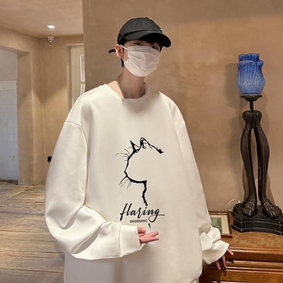Pánská oversized mikina Hip-hop styl kočka Profil Potisk O Výstřih Volný Jednobarevný Silný plyš Pulovr střední délky Denní Sport Streetwear Top