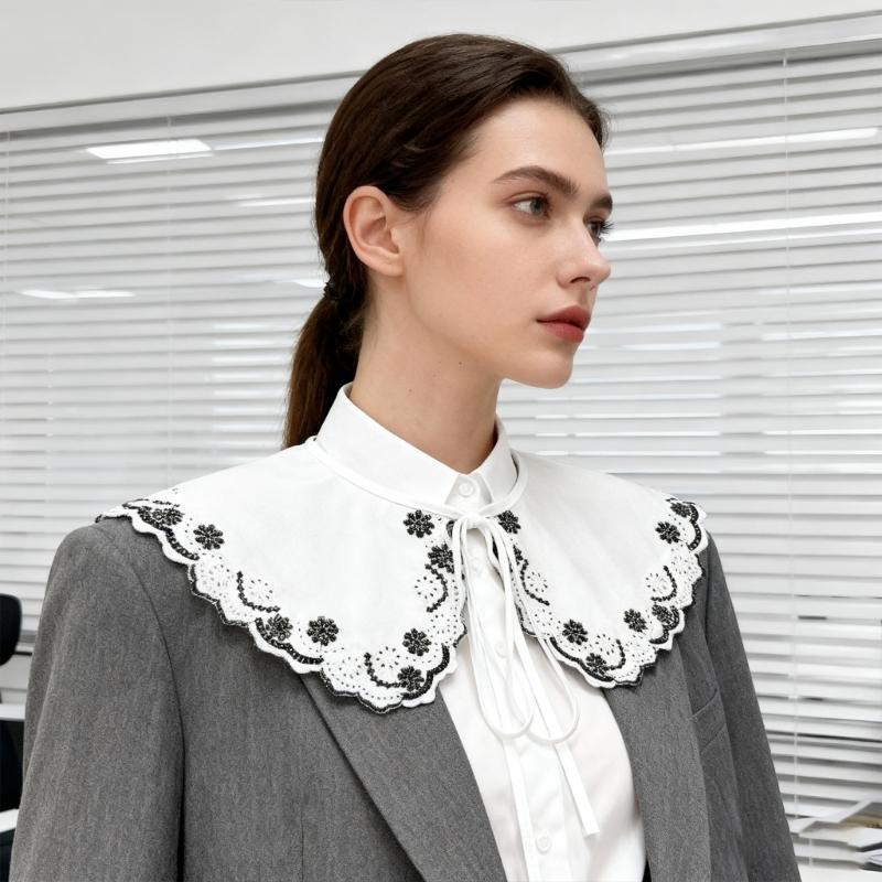 Embroidered Lace Flower Faux Collar Shawl Wrap with Adjustable Tie Design for Women Girl Formal Event and Daily Outfit