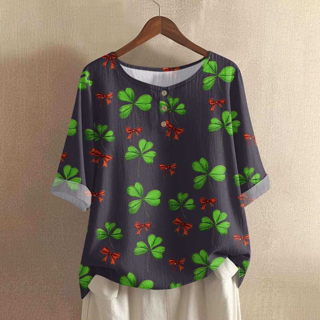 Women's Fashionable And Casual Shirt 3/4 Sleeve Round Neck Print Blouse Top