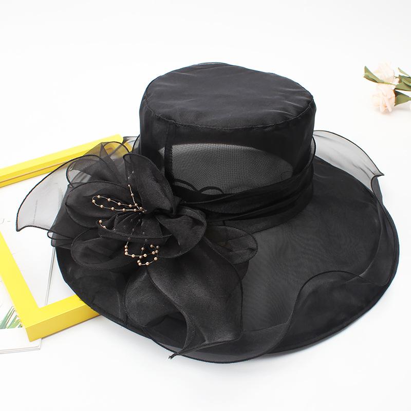 Hat Female Summer Vintage British Style Organza Flower Vacation Big Eaves Beach Sunscreen Flat Top Sun Hat