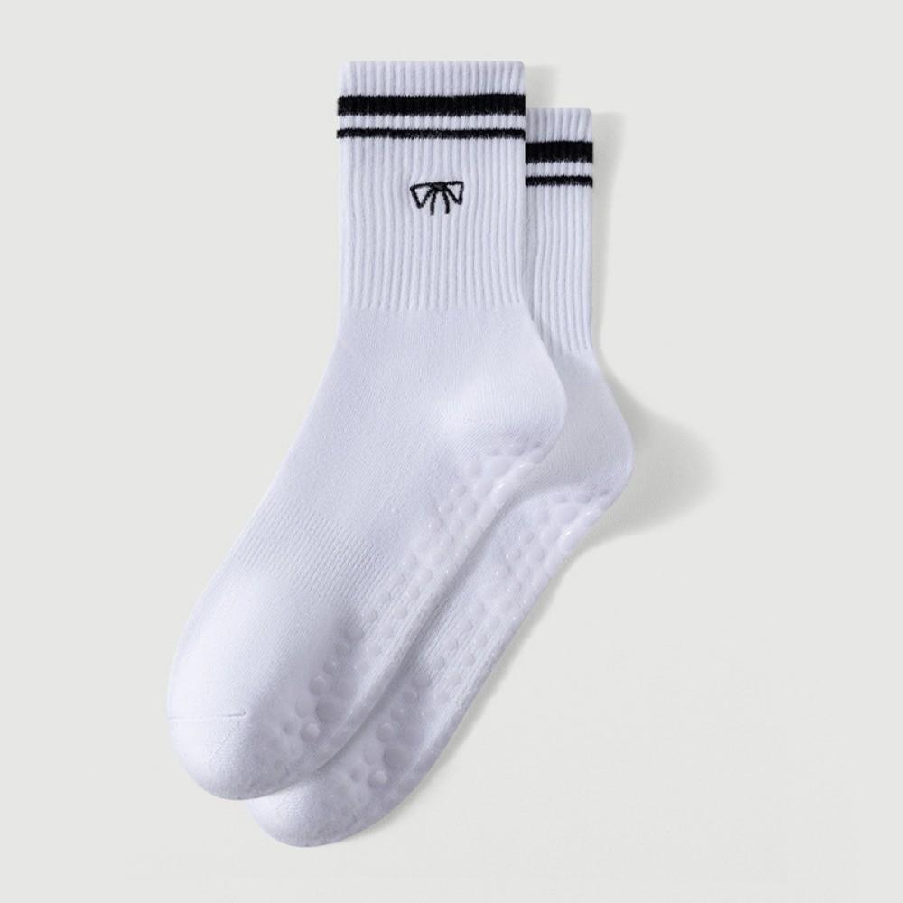 1Pair Non-Slip Yoga Socks Bow Embroidery Cuffed Mid Tube Socks Professional Pilates Socks for Women