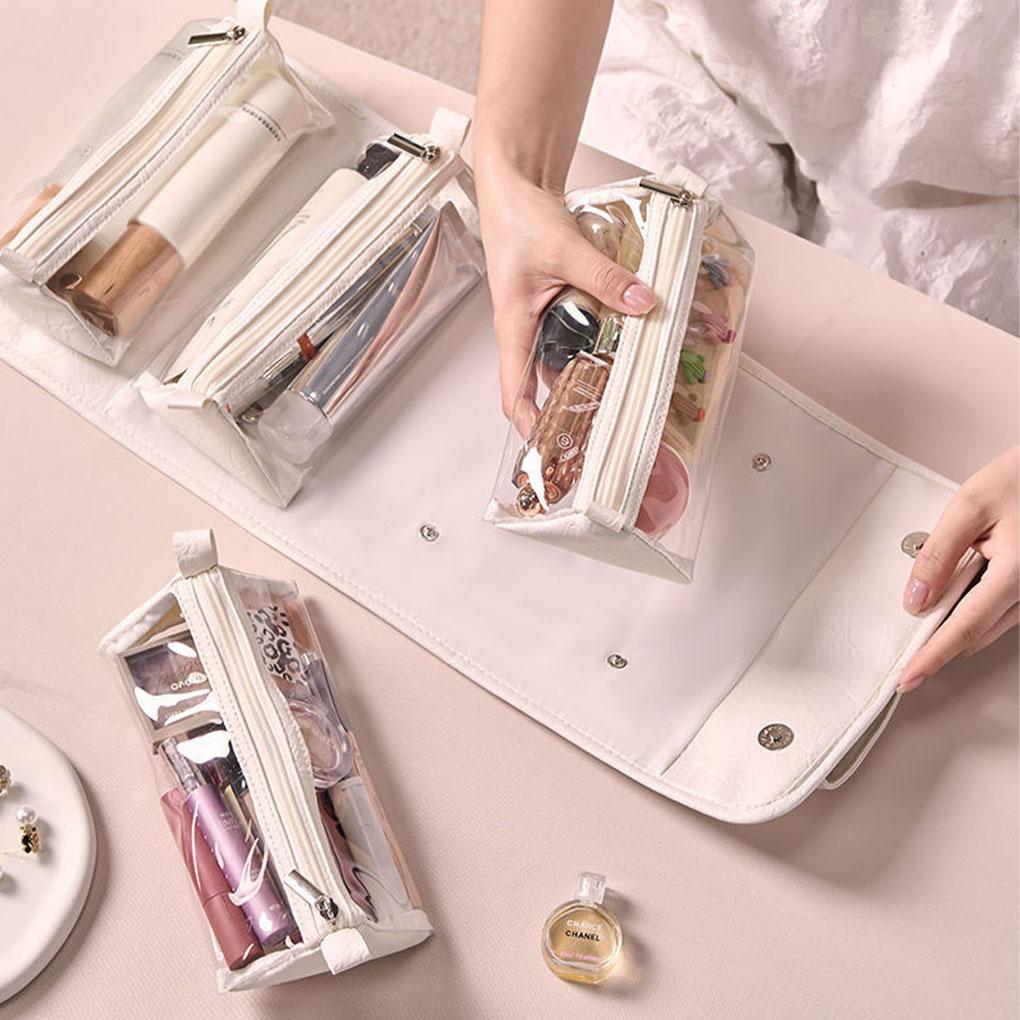 4 In 1 Travel Toiletry Bag 4 Detachable Compartments Hanging Makeup Bag PU Large Capacity Roll Up Cosmetic Bag for Travel