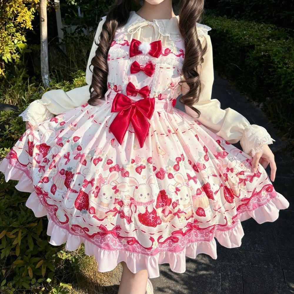 Lolita Original Lolita Cute Rabbit Strawberry Cute Sweet Strap Skirt Sweet Versatile Genuine S розовый