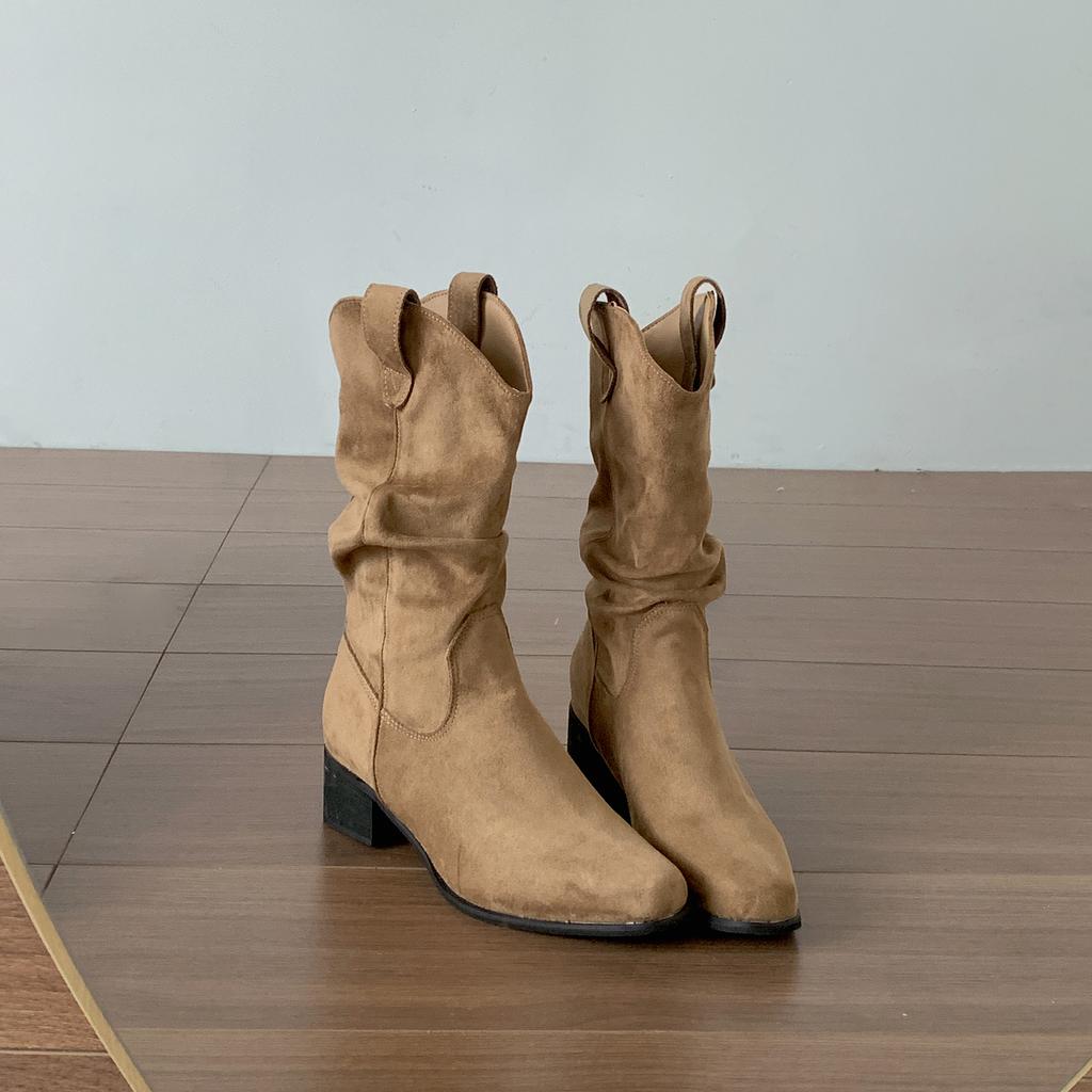 Winter Pleated Women Western Ankle Boots Fashion Pointed Toe Slip On Shoes Ladies Concise Vintage Thick Heel Short Booties