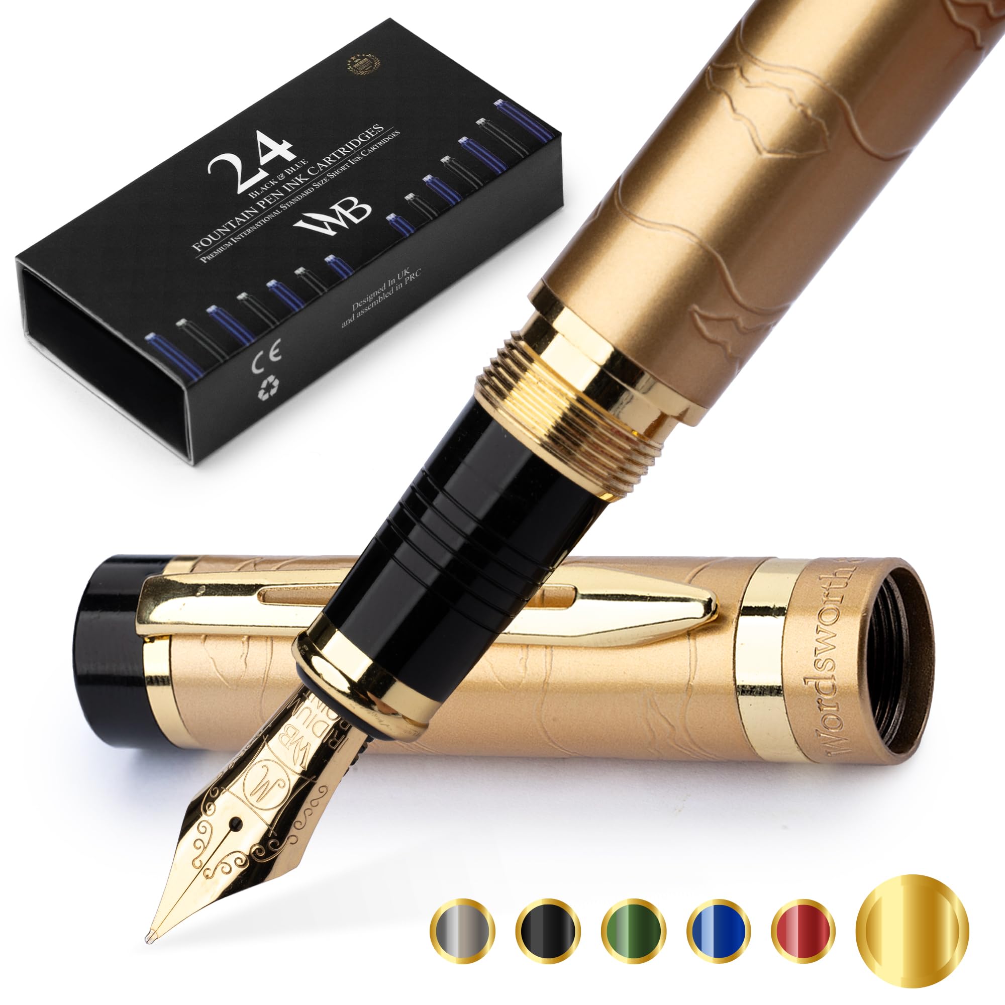 

Wordsworth Black Primoli Fountain Pen Set Medium Gift 24 Ink Refill and Perfect for and Smooth and & [Stunning Gold]; Nib, Case, Cartridges,