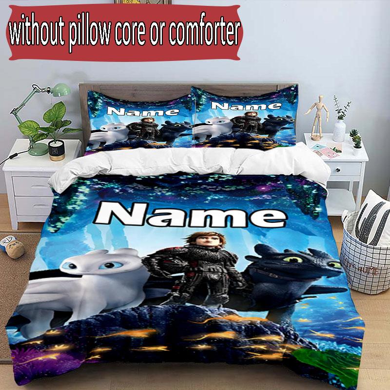 3pcs Duvet Cover Set (1*Duvet Cover + 2*Pillowcase, Without Core), Custom Name How to Train Your Dragon Pattern Bedding Set, Home Bedroom Decor Gift