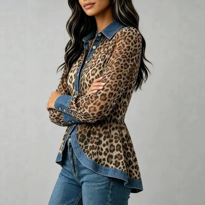 2026 New Style Women's Casual Fashion Patchwork Denim Shirt with Leopard Print and Single Button Closure