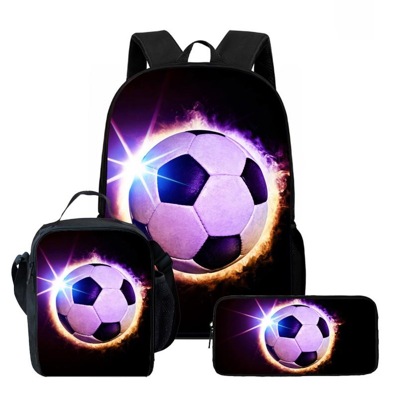 Kids School Backpack Set With Lunch Bag Pencil Case - Football Print Oxford Fabric Ergonomic Design Elementary Students