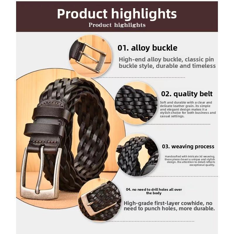 Meimeier Handmade woven leather belt - men's genuine top grain cowhide casual retro pin buckle belt