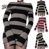 Pencil Dress Autumn Stripe Pattern Off-shoulder Long Sleeves Slim-fitting Windproof Keep Body-con Warm Polyester Temperament Slim Knitted for