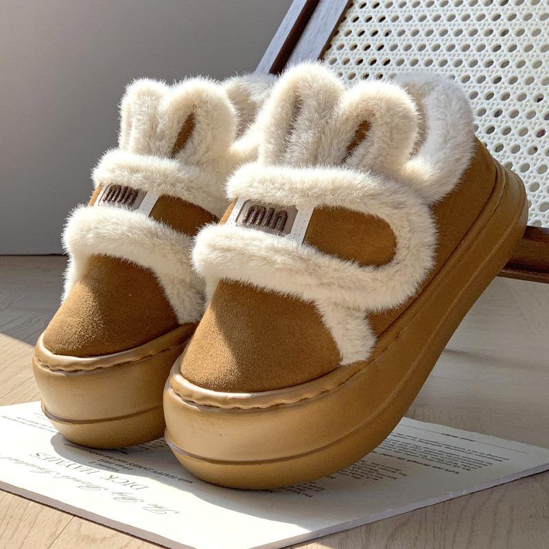 Rabbit ear cotton slippers winter 2025 new indoor home platform cute plush warm bag and cotton shoes outside wear
