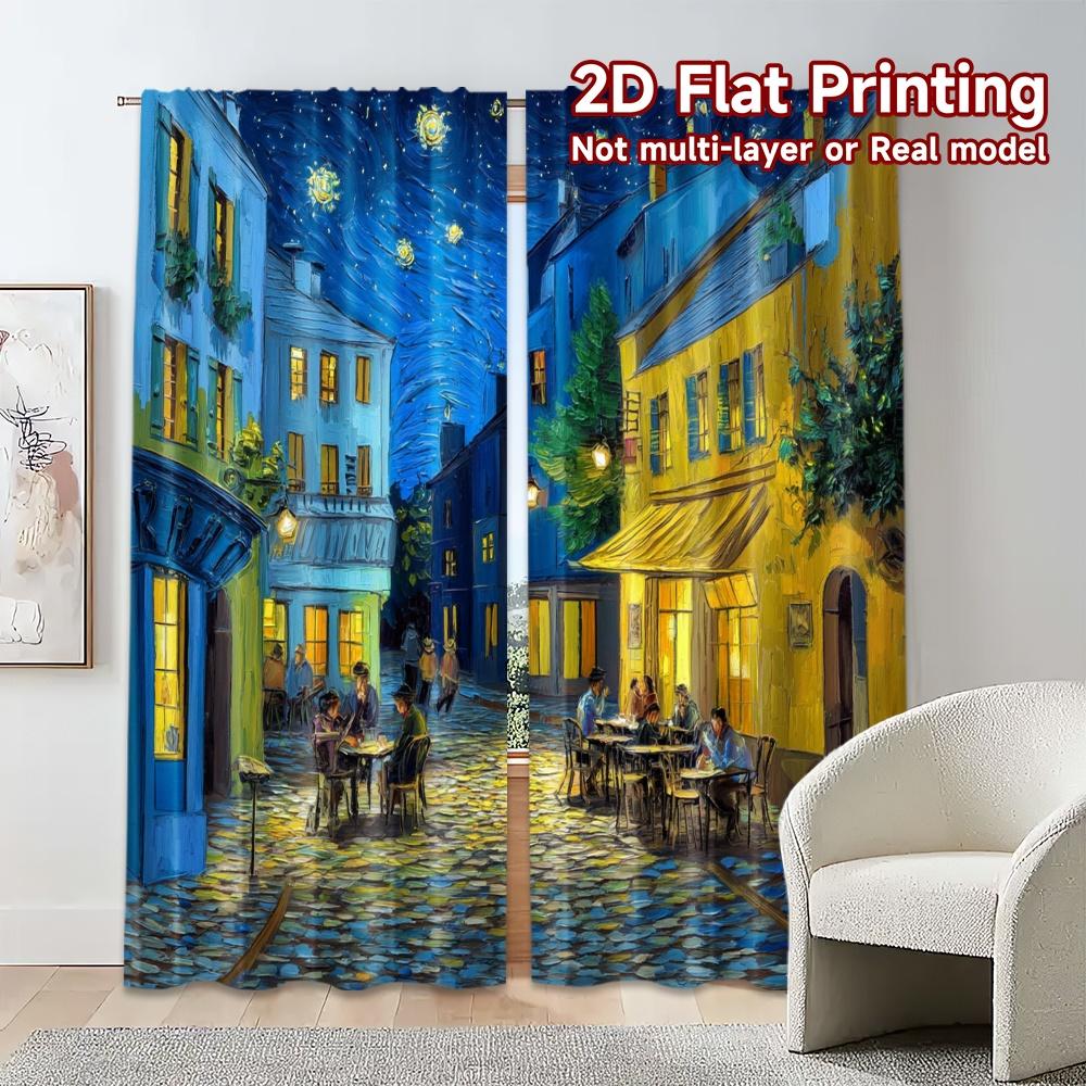 2pcs, 2D FLAT PRINTING Curtains (Without Rod) Starry Evening Creative Chic Curtains Polyester Curtains Festive Decorative for