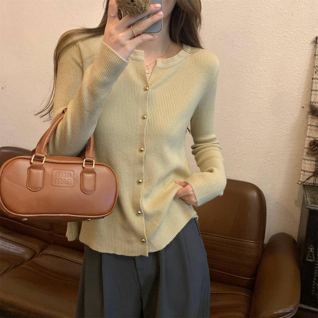 Spring collar single-breasted knitted cardigan women's lazy and versatile simple long-sleeved sweater pit strip top