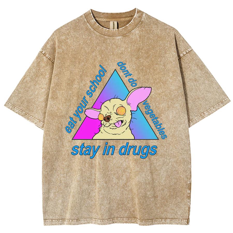 Fashion Trend Puppy Print Women Washed T-Shirt Loose Oversized Couple Short Sleeve Distressed Top Spot Tees