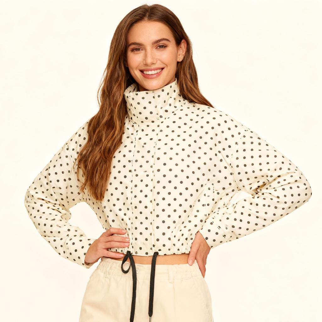 Γυναικείο Καθημερινό Κοντό Μπουφάν με Πουά και Τσέπη