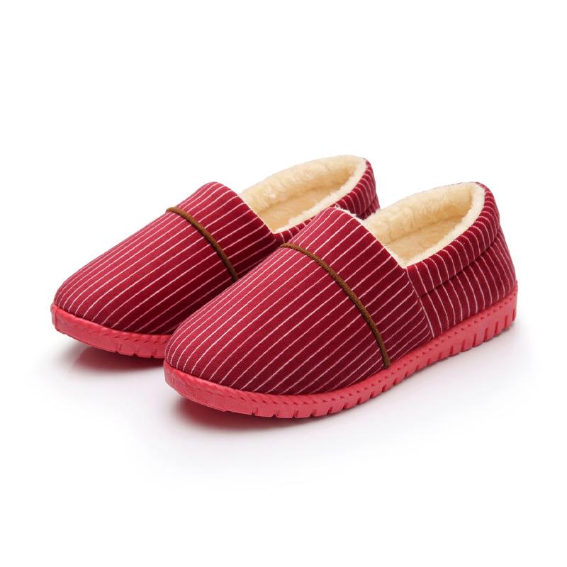 New striped round head low top, comfortable to wear outside, winter velvet soft sole flat heel casual warm women's cotton shoes
