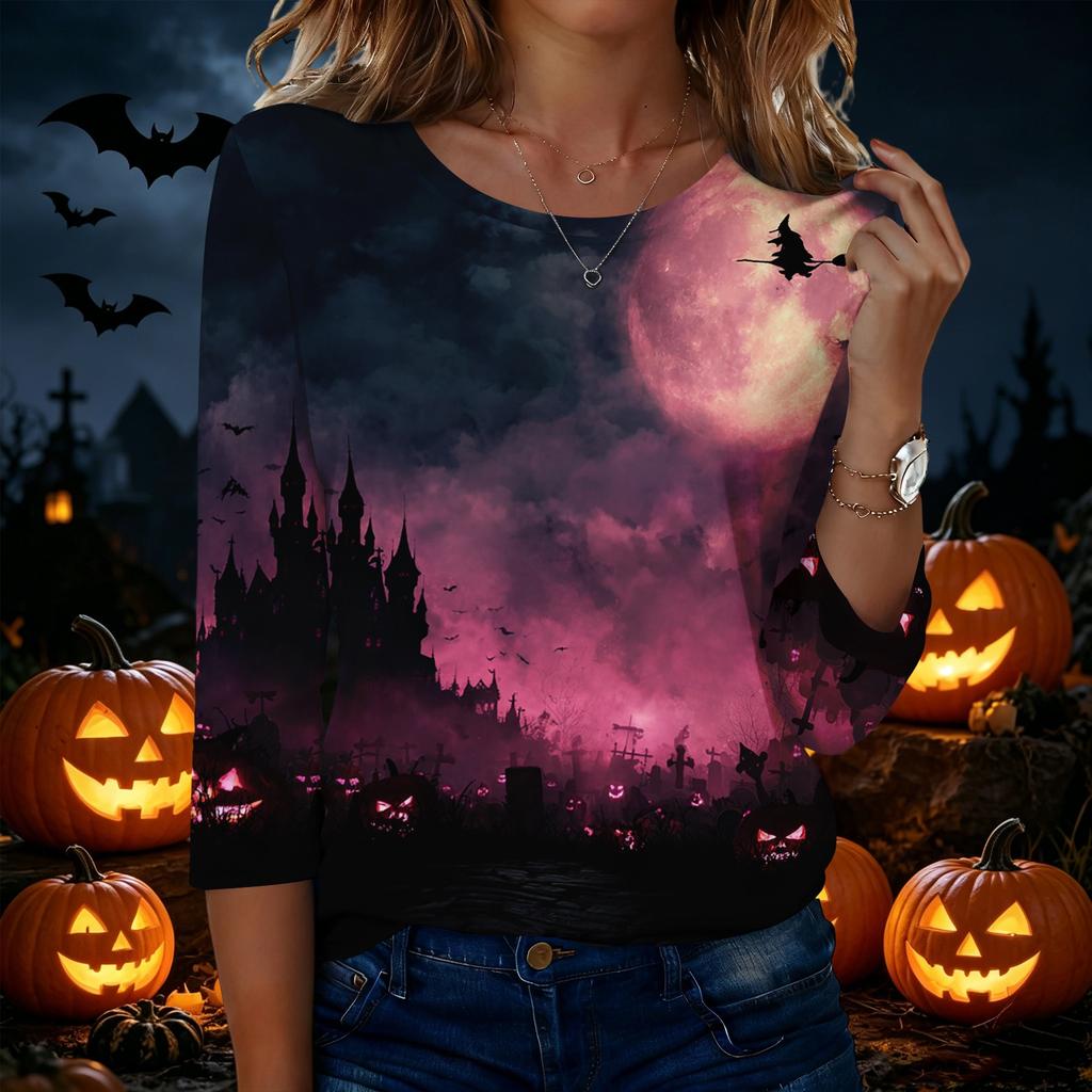 Women's Casual Halloween Print Round Neck Three Quarter Sleeve T Shirt Top Lightweight Comfortable Fit Seasonal Design