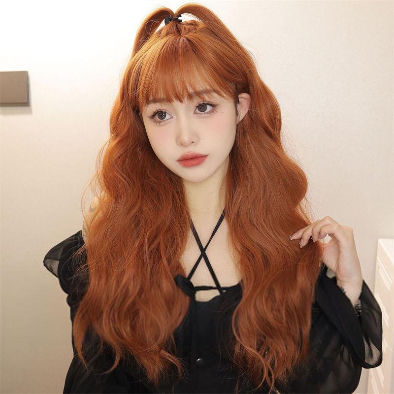 Long Hair Natural Wig Head Cover Women Wig Water Ripple Orange Straight Bangs