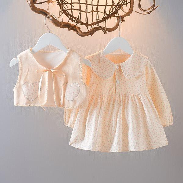 2 bucăți/set primăvară toamnă pentru copii mici fetițe rochie florală cu mâneci bufante rochii cu flori cu guler Peter Pan rochie plisată cu cardigan fără mâneci