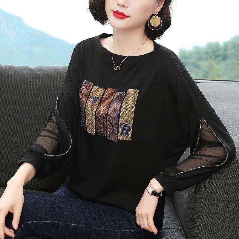 

Spring and Autumn Fashion Commuting Simple Round Neck Hot Diamond Design Feel Sleeves Loose and Casual Oversize T-shirt 5XL