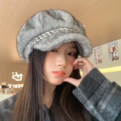 All Match Imitation Mink Hair Chain Beret Autumn and Winter New Casual Windproof Octagonal Hat Plus Velvet Thickened Warm Hat Korean
