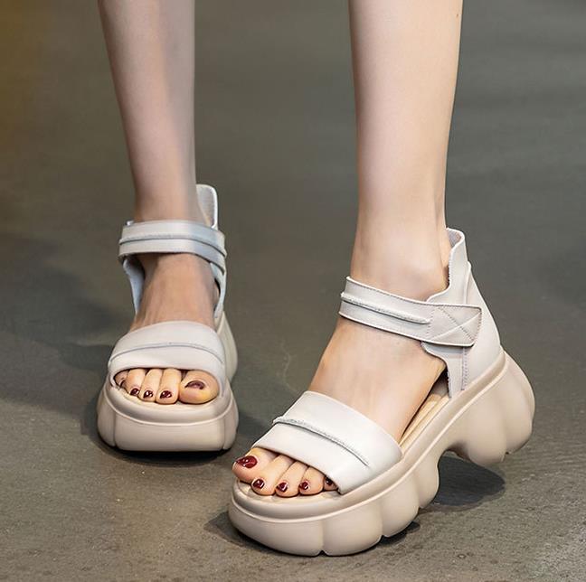 Fashion 7CM Genuine Leather Sandals Women 2025 Summer Cool Boots Open Toe Hook And Loop Thick High Heel Platform Casual Sandals Lady