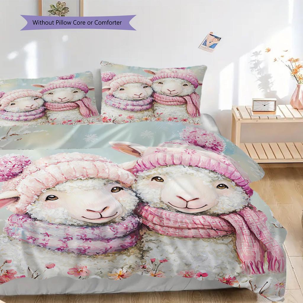 Sheep and Puppies Pattern Bedding Quilt Set Quilt Cover Pillowcase Home Decoration Birthday Gift (1 * Duvet Cover + 2 * Pillowcase, Without Core)