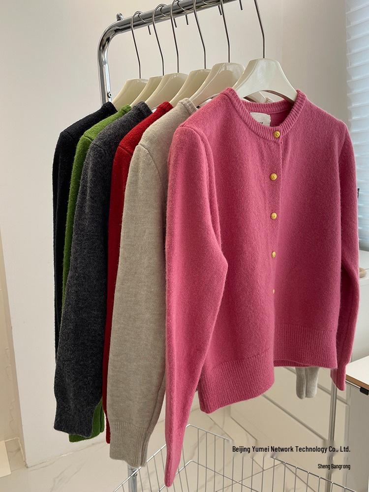 Whitening Raspberry Pink Gold Button Knit Cardigan - Women's Autumn/Winter Korean Style, Soft, Thick, Warm, Round Neck Wool.